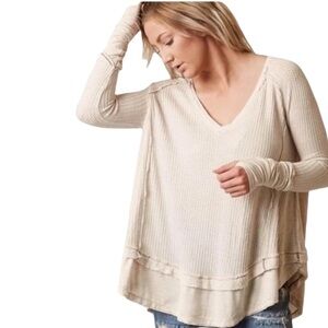 Free People Cream Waffle Knit Long Sleeve Tunic Top size Small